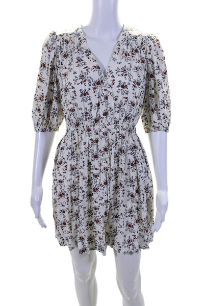 Ganni Womens Floral Print V-Neck Ruched Fit & Flare Dress White Size EUR 32