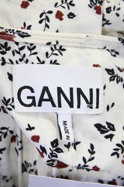 Ganni Womens Floral Print V-Neck Ruched Fit & Flare Dress White Size EUR 32