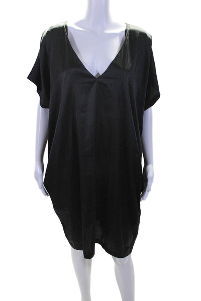 Sen Womens V Neck Short Sleeve Knee Length Satin Kaftan Dress Black Size Medium