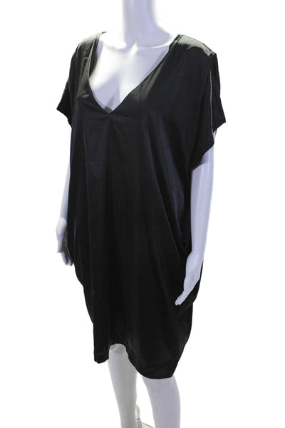 Sen Womens V Neck Short Sleeve Knee Length Satin Kaftan Dress Black Size Medium