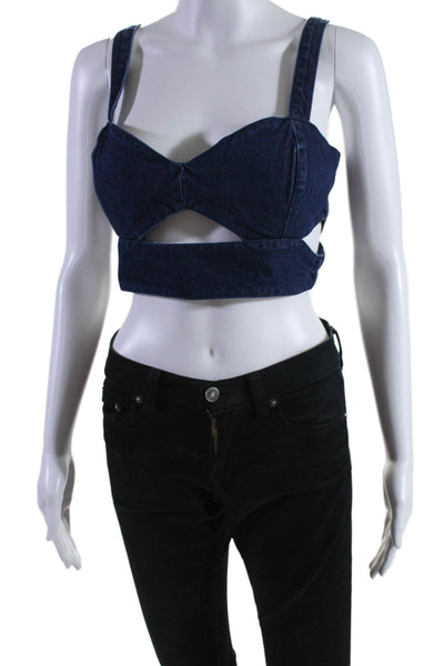 AFRM Womens Cotton Dark Washed Cut-Out Sleeveless Cropped Zip Top Blue Size S