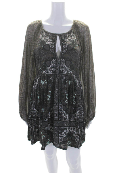 Free People Womens Side Zip Long Sleeve Printed Shift Dress Gray Size 4