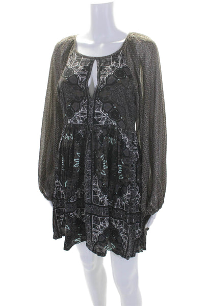 Free People Womens Side Zip Long Sleeve Printed Shift Dress Gray Size 4