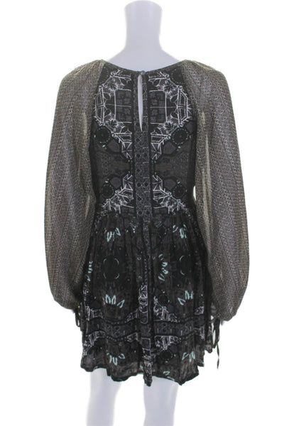 Free People Womens Side Zip Long Sleeve Printed Shift Dress Gray Size 4