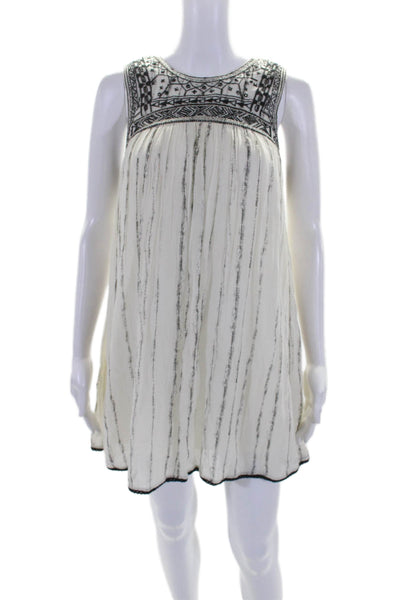 Free People Womens Back Zip Beaded Embroidered Striped Dress White Black Size 0