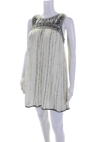 Free People Womens Back Zip Beaded Embroidered Striped Dress White Black Size 0