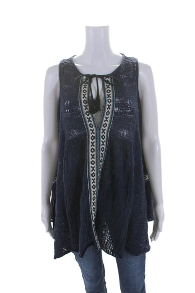 Free People Womens Cold Shoulder Embroidered Trim Knit Top Navy Cotton Size XS