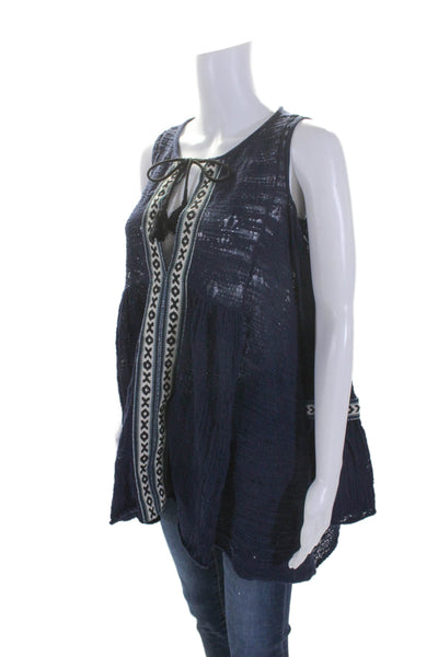 Free People Womens Cold Shoulder Embroidered Trim Knit Top Navy Cotton Size XS
