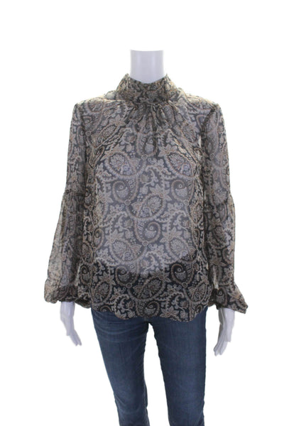 Veronica Beard Womens Paisley Print Long Sleeves Blouse Black Brown Size 6