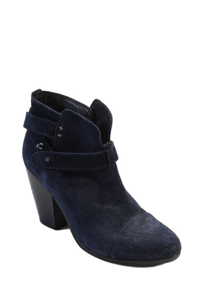 Rag & Bone Women's Round Toe Suede Buckle Block Heels Ankle Boots Blue Size 8