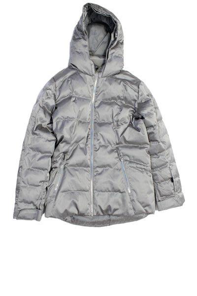 Spyder Girls Iridescent Zipped Ruched Hooded Quilted Puffer Coat Silver Size 14