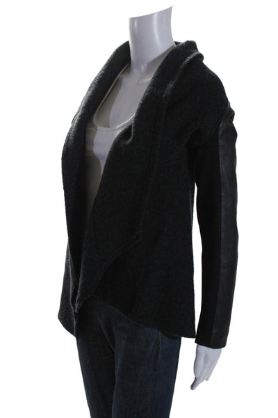 Eileen Fisher Women's Collared Long Sleeves Leather Trim Jacket Black Size P