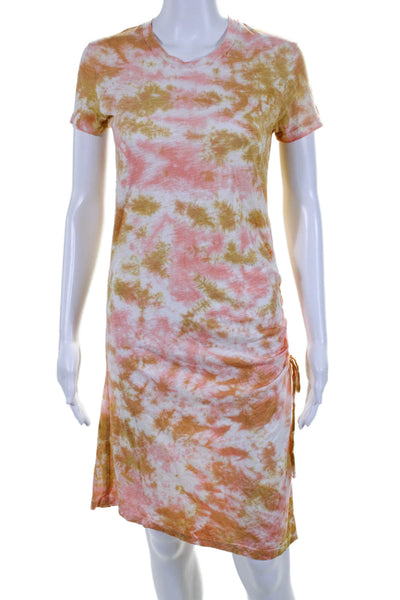 Sen Womens Short Sleeve Ruched Tie Dyed Shirt Dress White Pink Brown Size XS