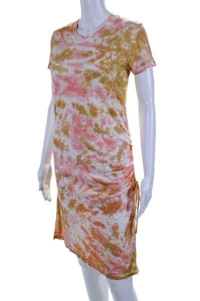 Sen Womens Short Sleeve Ruched Tie Dyed Shirt Dress White Pink Brown Size XS