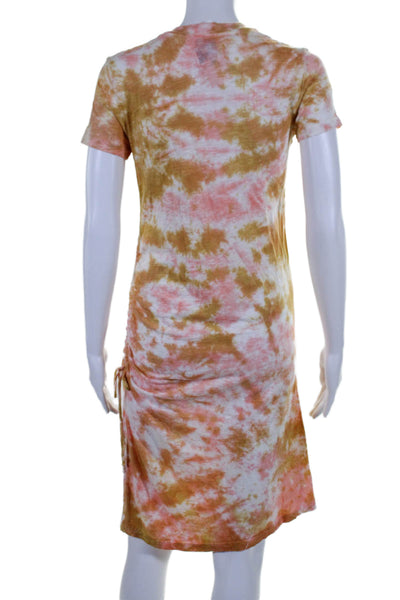 Sen Womens Short Sleeve Ruched Tie Dyed Shirt Dress White Pink Brown Size XS