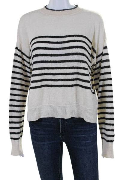 Monrow Womens Striped Round Neck Long Sleeve Pullover Sweater Top Beige Size M