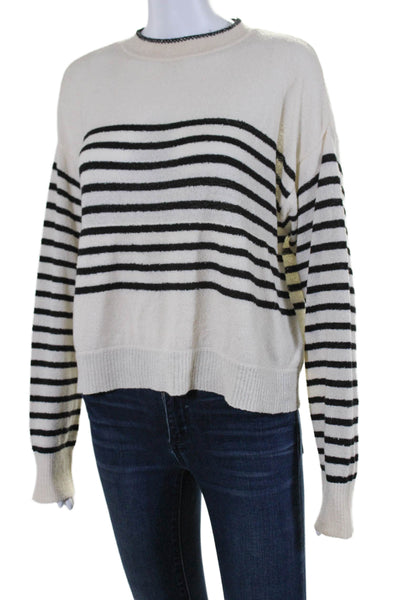 Monrow Womens Striped Round Neck Long Sleeve Pullover Sweater Top Beige Size M