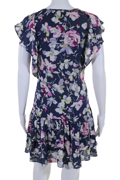 Joie Womens Ruffled Short Sleeve Scoop Neck Silk Floral Dress Navy White Medium