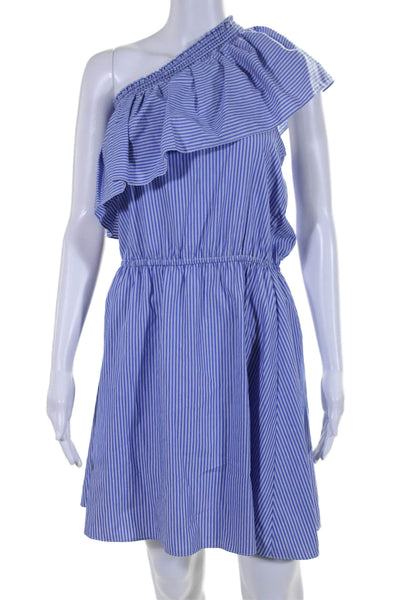 Parker Womens Ruffled One Shoulder Vertical Striped Dress Blue White Size Medium