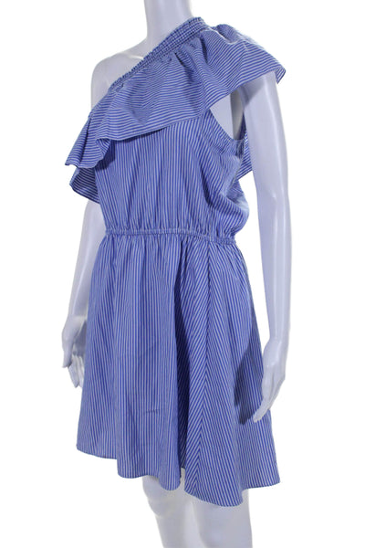 Parker Womens Ruffled One Shoulder Vertical Striped Dress Blue White Size Medium