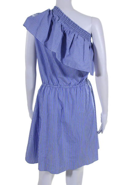 Parker Womens Ruffled One Shoulder Vertical Striped Dress Blue White Size Medium