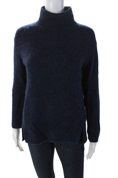 Vince Womens Fuzzy Long Sleeve Split Hem Turtleneck Sweater Navy Blue Size XS