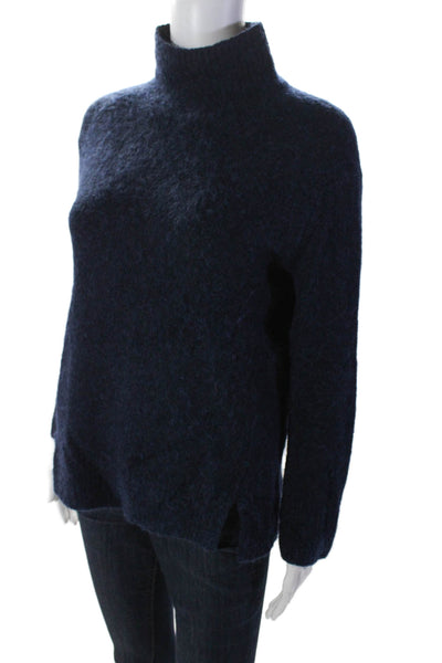 Vince Womens Fuzzy Long Sleeve Split Hem Turtleneck Sweater Navy Blue Size XS