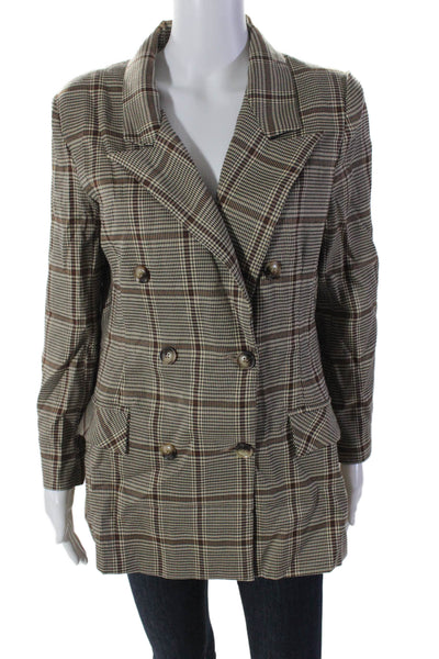 Lioness Womens Plaid Print Peak Lapel Double Breasted Blazer Jacket Brown Size S