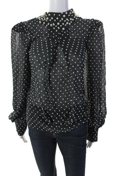 PatBO Womens Chiffon Swiss Dot Print Faux Pearl Turtleneck Blouse Green Size S