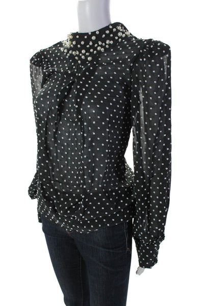 PatBO Womens Chiffon Swiss Dot Print Faux Pearl Turtleneck Blouse Green Size S