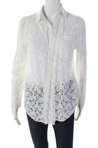 Calvin Klein Womens Texture Lace Button Collared Long Sleeve Blouse White Size M