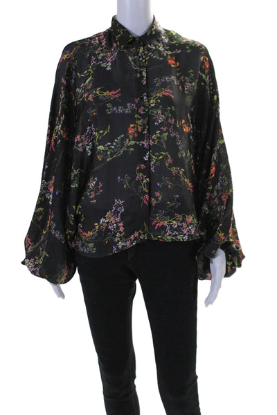 Alexis Womens Long Sleeve Floral Print Button Down Blouse Black Size XS