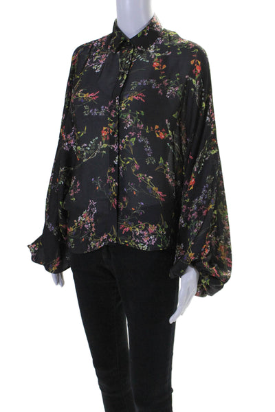 Alexis Womens Long Sleeve Floral Print Button Down Blouse Black Size XS