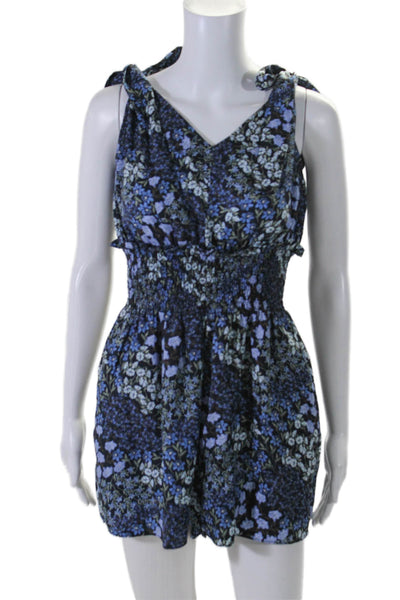 Rebecca Taylor Womens Silk Floral Ruched V-Neck Sleeveless Romper Navy Size M