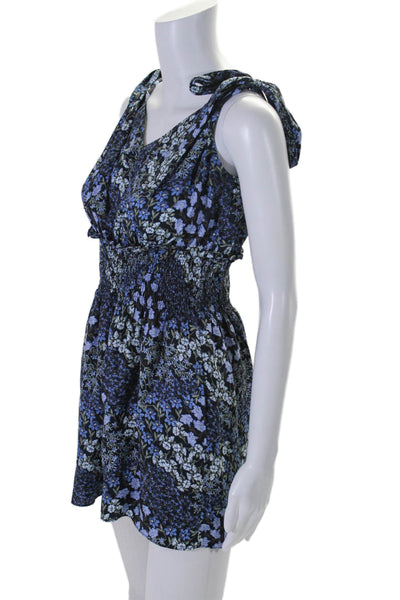 Rebecca Taylor Womens Silk Floral Ruched V-Neck Sleeveless Romper Navy Size M