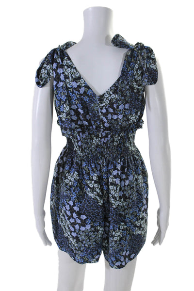 Rebecca Taylor Womens Silk Floral Ruched V-Neck Sleeveless Romper Navy Size M