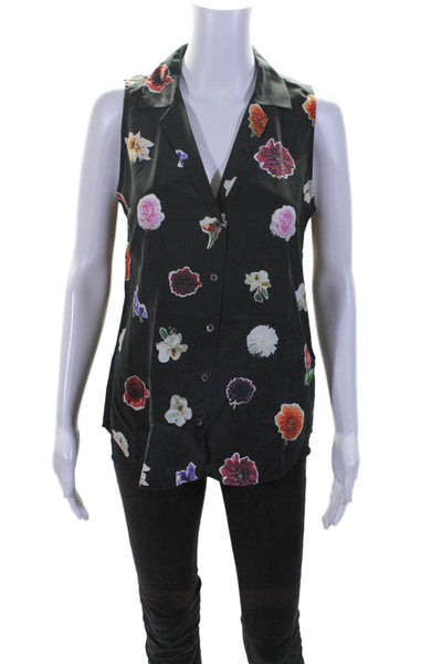 Equipment Femme Womens Silk Sleeveless Floral Button Down Blouse Black Size XS