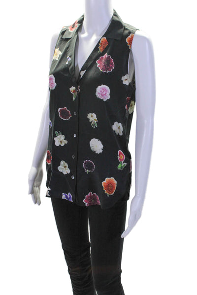 Equipment Femme Womens Silk Sleeveless Floral Button Down Blouse Black Size XS