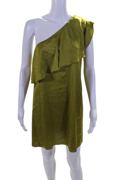 Sen Womens Ruffled One Shoulder Satin Mini Shift Dress Green Size Small