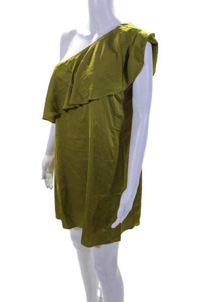 Sen Womens Ruffled One Shoulder Satin Mini Shift Dress Green Size Small