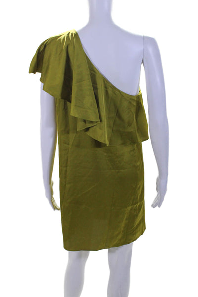 Sen Womens Ruffled One Shoulder Satin Mini Shift Dress Green Size Small