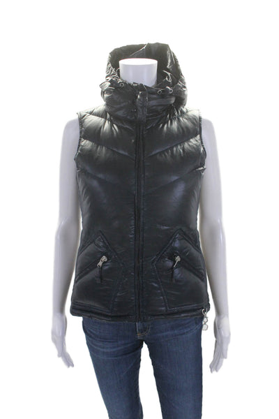 J Crew Womens Full Zip Sleeveless Short Hooded Puffer Vest Midnight Blue Size S