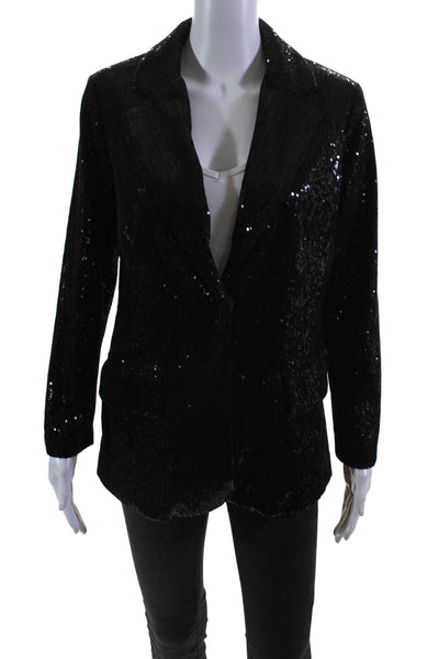 Isaac Mizrahi Womens Sequin Collared Button Up Blazer Jacket Black Size XXS