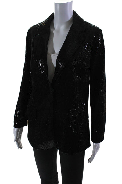 Isaac Mizrahi Womens Sequin Collared Button Up Blazer Jacket Black Size XXS