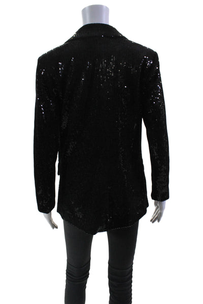 Isaac Mizrahi Womens Sequin Collared Button Up Blazer Jacket Black Size XXS