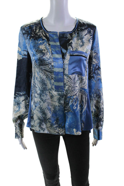 Elie Tahari Women's Round Neck Long Sleeves Silk Blouse Blue Size S