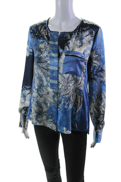 Elie Tahari Women's Round Neck Long Sleeves Silk Blouse Blue Size S