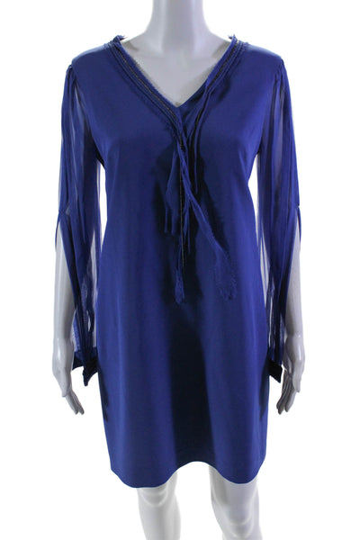 Elie Tahari Women's V-Neck Long Sleeves A-Line Mini Dress Blue Size 4