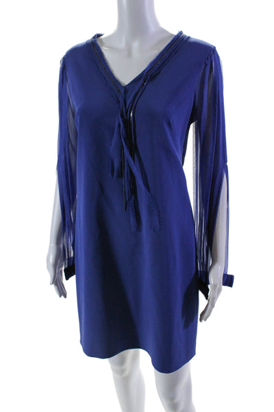 Elie Tahari Women's V-Neck Long Sleeves A-Line Mini Dress Blue Size 4