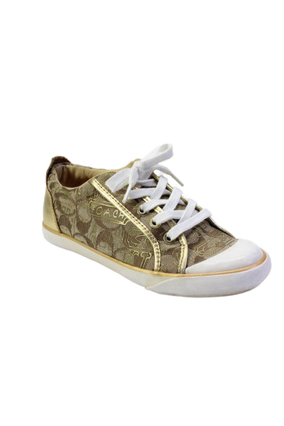 Coach Women's Round Toe Lace Up Monogram Rubber Sole Sneakers Gold Size 6.5